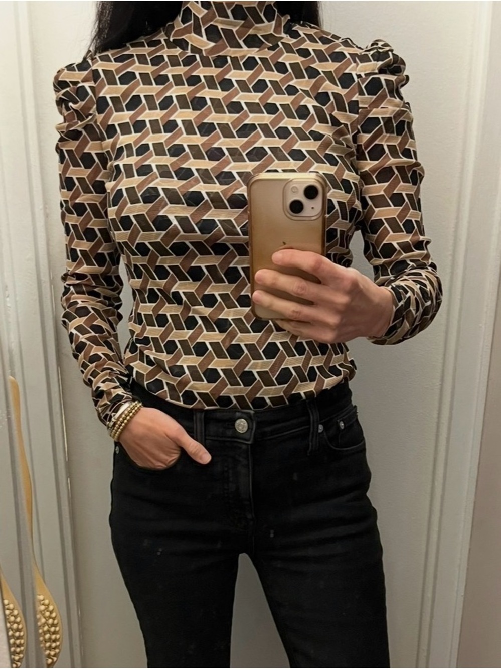 Diane Von Furstenberg Geometric Mock-Neck Long Sleeve Top in Brown and Black